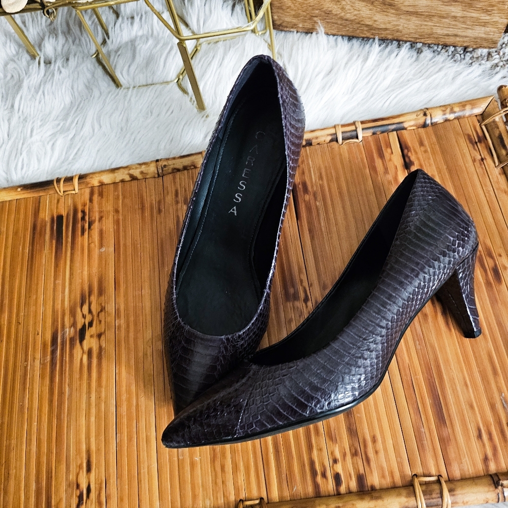 Caressa Anita Snakeskin Embossed Leather Pumps | Classic Pointed Toe Heels | 7M